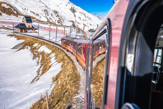 Eigergletscher alpine railway to Jungrafujoch peak view from train, Berner Oberland region of Switzerland