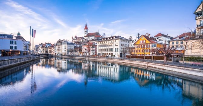 Town of Thun and Aare river reflection panoramic view, Bern region of Switzerland