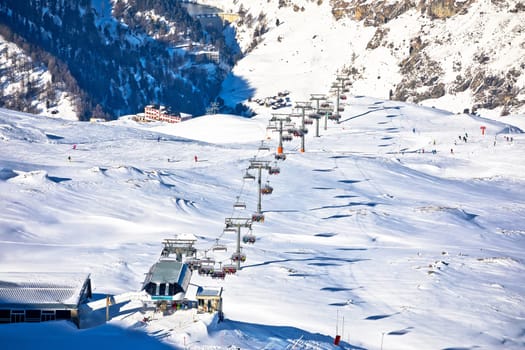 Ski slope in Riffelberg at Zermatt ski area, Valais region of Switzerland