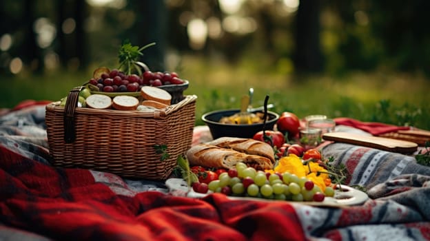 Picnic basket with fruit and bakery in garden. Picnic in nature. A basket of food on a blanket AI
