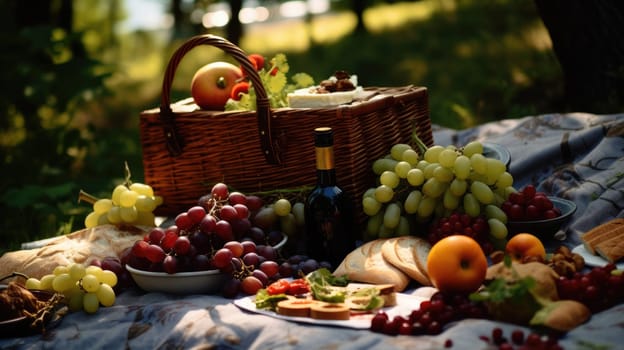 Picnic basket with fruit and bakery in garden. Picnic in nature. A basket of food on a blanket AI