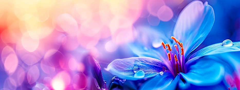 A close-up of a blue flower petal adorned with water droplets, showcasing the stunning shades of purple, violet, pink, and magenta.