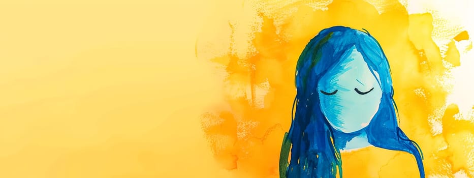 A visually striking painting featuring a woman with electric blue hair and closed eyes, set against a vibrant yellow background.