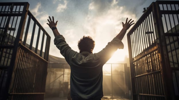 Prisoner being released from prison and greeting freedom with the open gates in the background AI