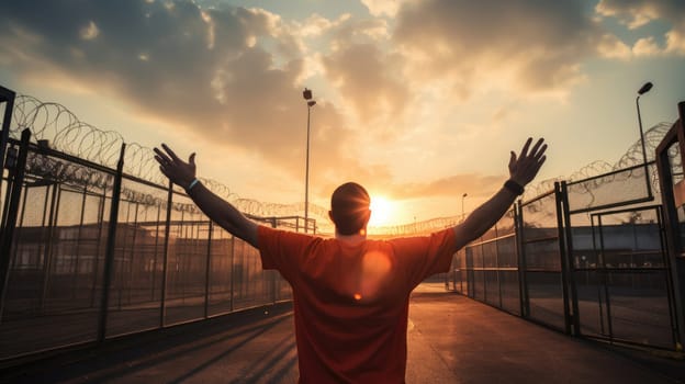 Prisoner being released from prison and greeting freedom with the open gates in the background AI