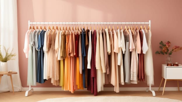 Wardrobe organization. Hanger with fashionable outfits AI