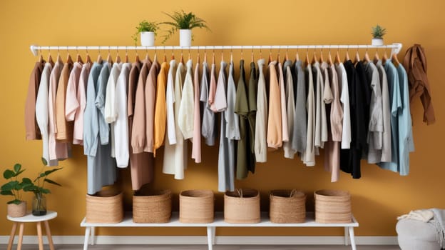 Wardrobe organization. Hanger with fashionable outfits AI