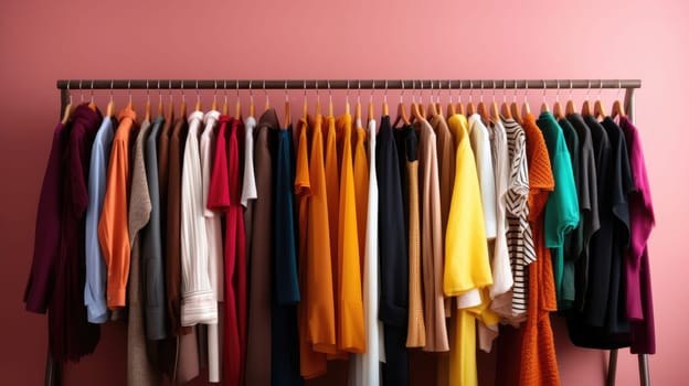 Wardrobe organization. Hanger with fashionable outfits AI