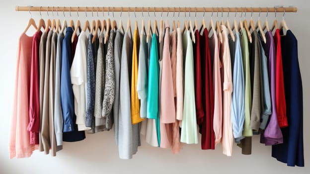 Wardrobe organization. Hanger with fashionable outfits AI