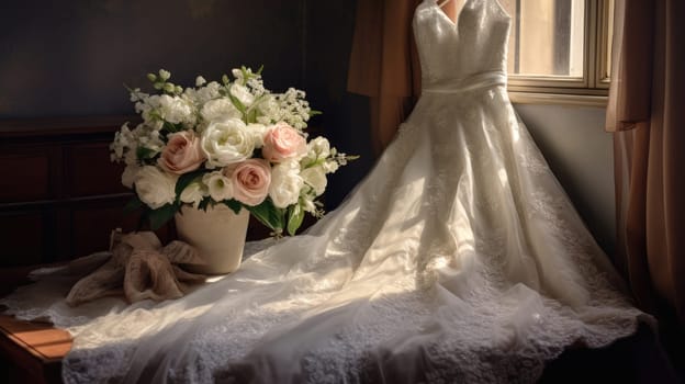 Wedding celebration. Bride's bouquet and wedding dress. AI