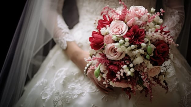 Wedding celebration. Bride's bouquet and wedding dress. AI