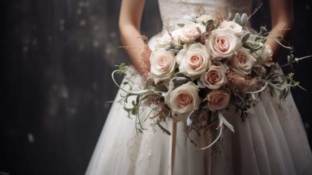 Wedding celebration. Bride's bouquet and wedding dress. AI