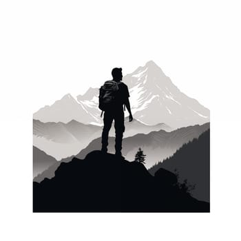 silhouette of a tourist on the mountain in black white colors. Can used for poster, print for clothes, banner and flyer.