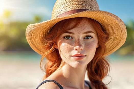 Portrait of a beautiful young redhead woman wearing a wide-brimmed straw hat on the beach and looking at the camera. Close-up of the face of an attractive, pensive, smiling girl with freckles and red hair.