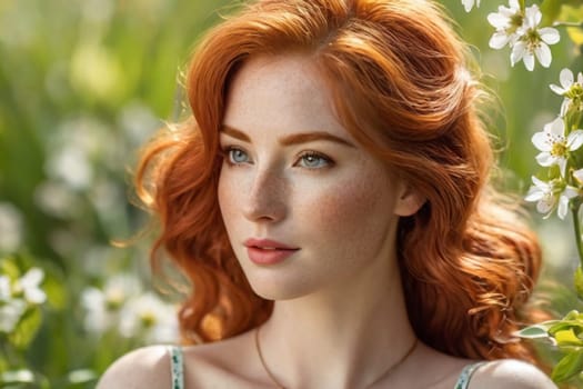 portrait of a red-haired beautiful woman with freckles and long red hair in spring flowers.