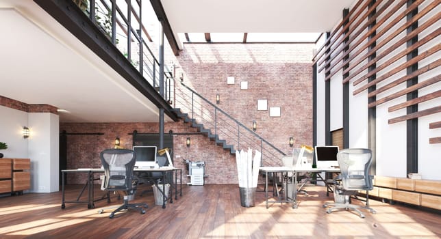 Modern office interior. Workplace concept. 3d rendering mock up