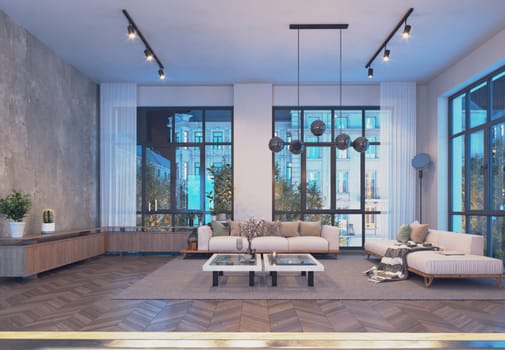 Modern living room interior design. 3D render concept. Living room.