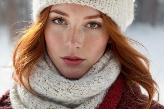 Winter portrait of a young red-haired girl in a knitted hat and scarf covered with snow. Face with freckles close-up. Snowy winter beauty concept.