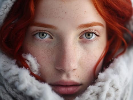 Winter portrait of a young red-haired girl in a knitted snood covered with snow. Snowy winter beauty concept