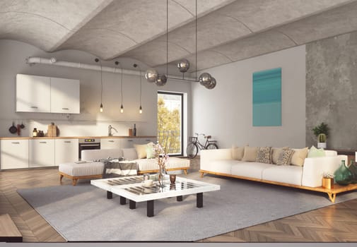 Interior of modern living room with white walls, wooden floor, . 3d rendering