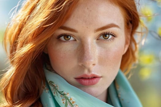 close-up portrait of a red-haired beautiful young woman with freckles and a silk scarf. Spring portrait
