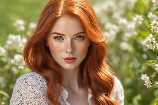 portrait of a red-haired beautiful woman with freckles and long red hair in spring flowers.