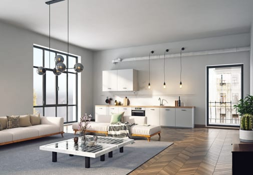 Interior of modern living room with white walls, wooden floor, . 3d rendering