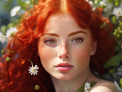 portrait of a redhead beautiful young woman with freckles and long wavy hair in spring flowers.