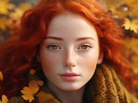 Portrait of a young happy redhead woman with freckles in an autumn park with yellow foliage.