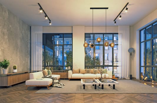 Modern living room interior design. 3D render concept. Living room.