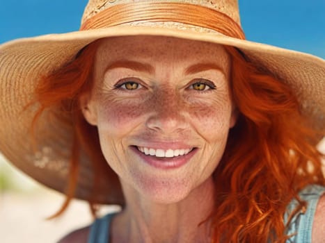 Portrait of a beautiful mature 45 year old redhead woman wearing a straw hat on the beach and looking at the camera. Close-up of the face of an attractive pensive, smiling woman with freckles and red hair