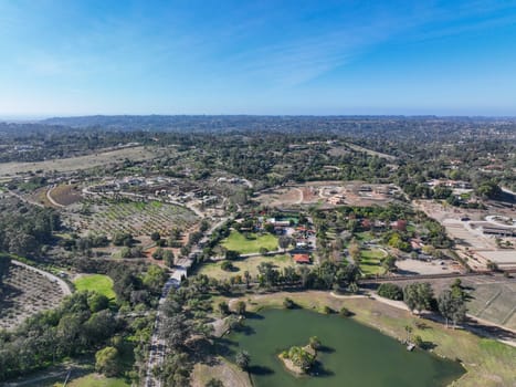 Aerial view over Rancho Santa Fe super wealthy town in San Diego, California, USA