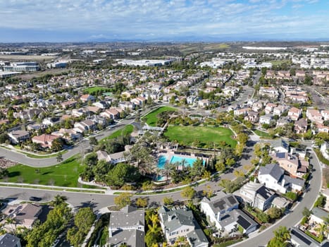 Aerial view of large-scale villa in wealthy residential town of Carlsbad, South California, USA. High quality 4k footage