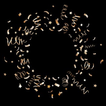 Circle of golden confetti isolated on black background. Shiny particles, close up. Party, Merry Christmas, New year, Birthday decoration. Cut out. Perfect for celebrations invitations. Copy space. 3D
