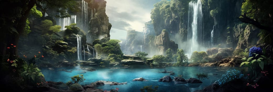 Fantasy landscape with waterfalls at sunset, panorama. Generative AI