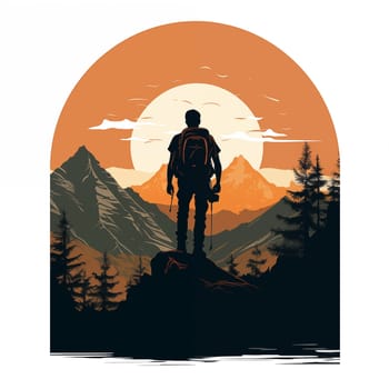 Minimalistic graphic flyer, exploring and observing nature, silhouette of a tourist on the mountain