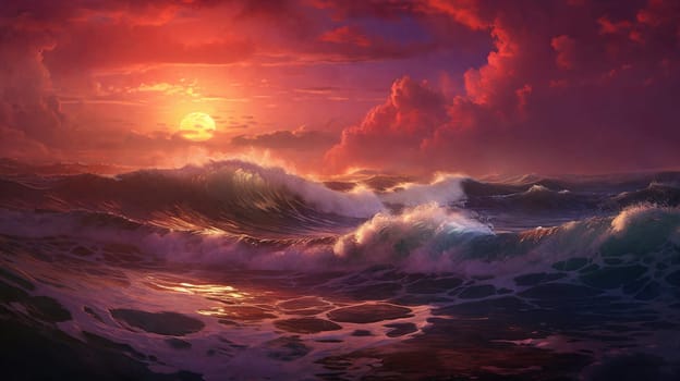 Sunset over the sea, waves on the foreground, panorama . AI Generative