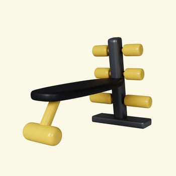 3d weight bench gym equipment. Fitness and health. Exercise equipment. icon isolated on yellow background. 3d rendering illustration. Clipping path..