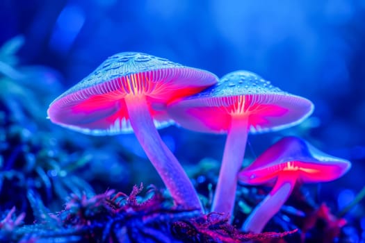 Close-up of magic mushrooms in blue-red-pink neon light. AI generated.