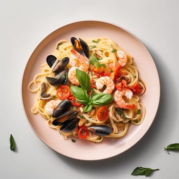 Seafood pasta with clams Spaghetti on bright background. Can used for food illustration for print, blog.