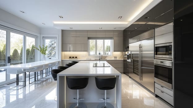 Spacious minimalist kitchen with sleek design, neutral colors, and ample natural light. Resplendent.