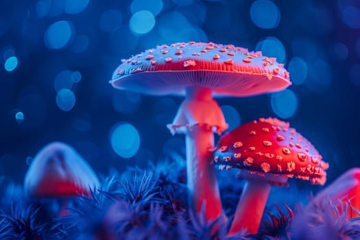 Close-up of magic mushrooms in blue-red-pink neon light. AI generated.