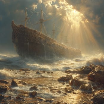 A realistic painting capturing the image of a ship navigating through the vast ocean.