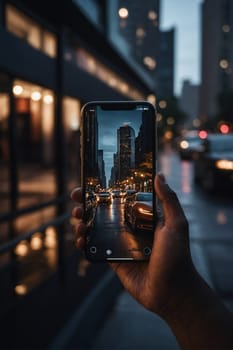 A person holding a camera, capturing a vibrant city street illuminated by the lights at night.