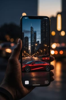 A person holds their phone up to capture a photo of a car.