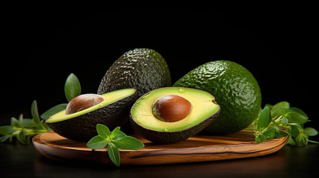 Studio photo of a whole and half avocado on a wooden stand.