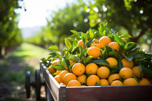 Harvest ripe juicy oranges in a wooden box on a plantation.