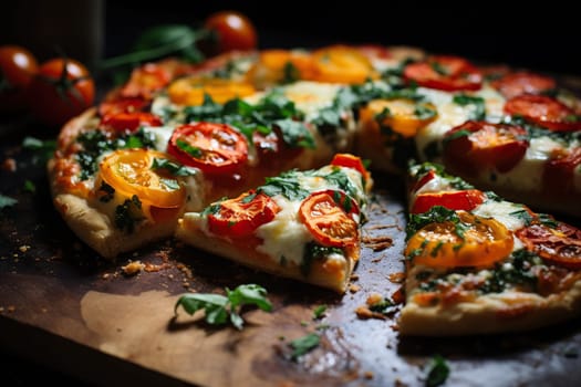 Large vegetarian pizza with cherry tomatoes and herbs on a wooden tray.