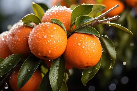 Ripe oranges on a branch in water drops.