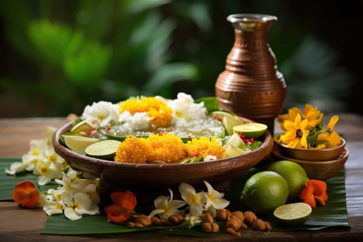 A tray with oriental food, a jug and flowers. Guess the holiday.